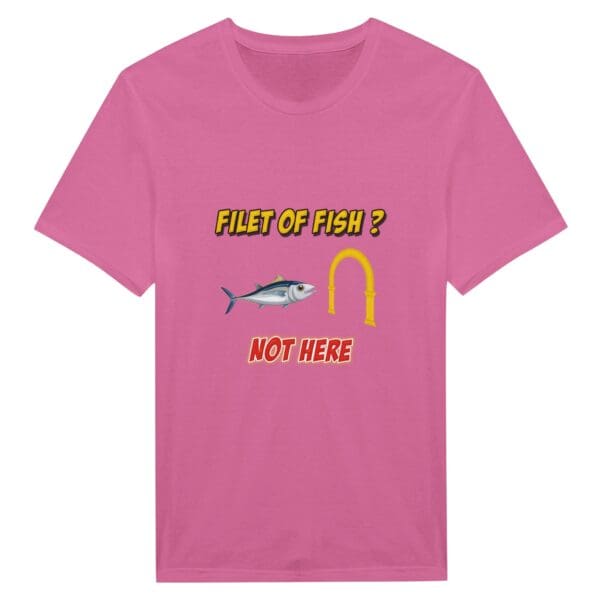 Pink t-shirt with a fish and arch pun.