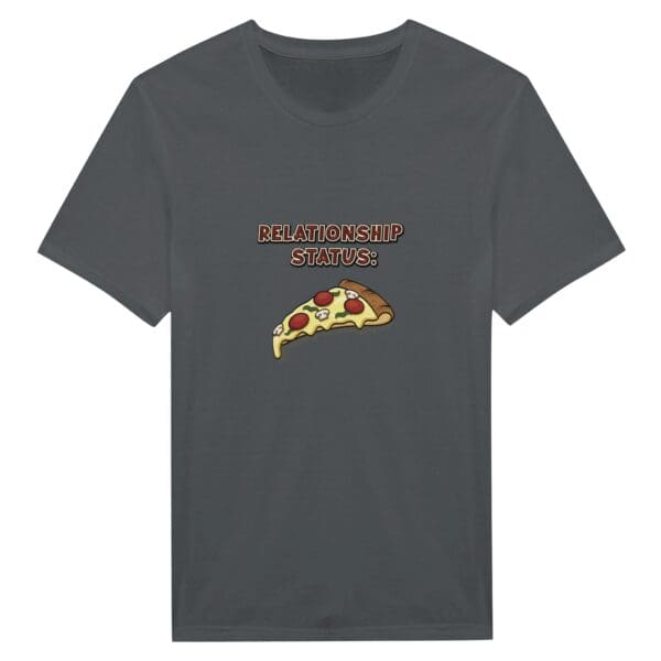 A t-shirt with a picture of a pizza on it.