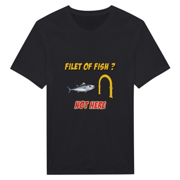 Black t-shirt with "Filet of Fish?" text.