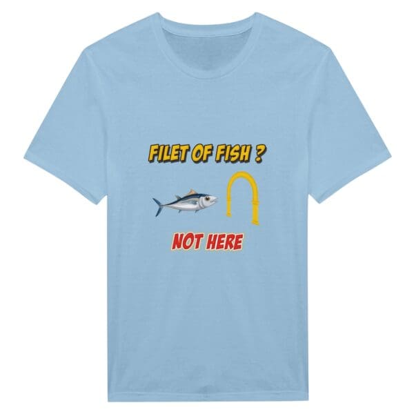 Blue t-shirt with "Filet of fish?" and a fish.