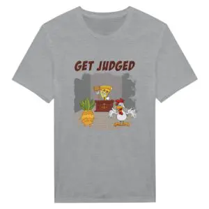 A gray t-shirt with an image of chickens and plants.