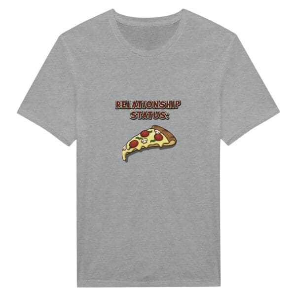 A gray t-shirt with a picture of pizza on it.