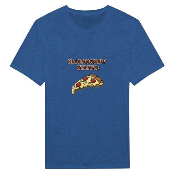 A blue t-shirt with a picture of pizza on it.