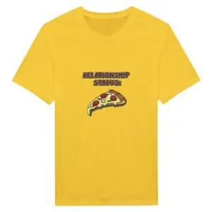 A yellow t-shirt with a picture of pizza on it.