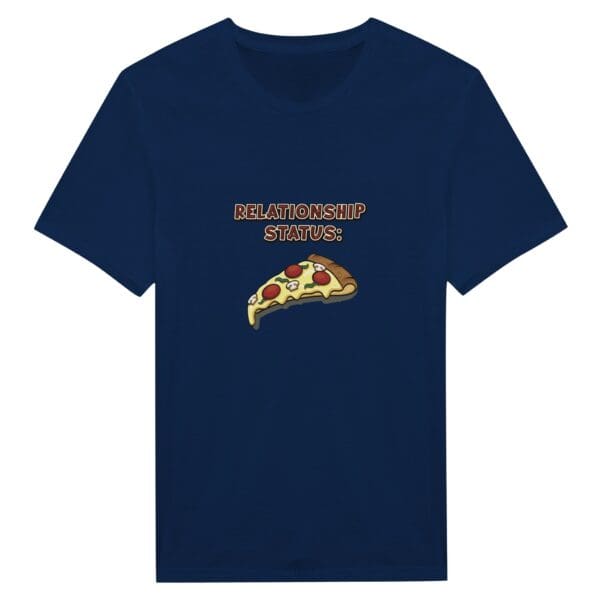 A navy blue t-shirt with a picture of a slice of pizza.