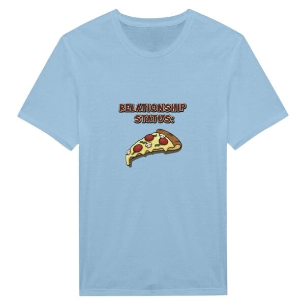 A light blue t-shirt with a picture of pizza on it.