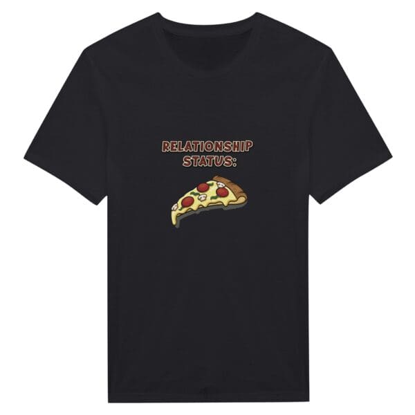 A black t-shirt with a picture of pizza on it.