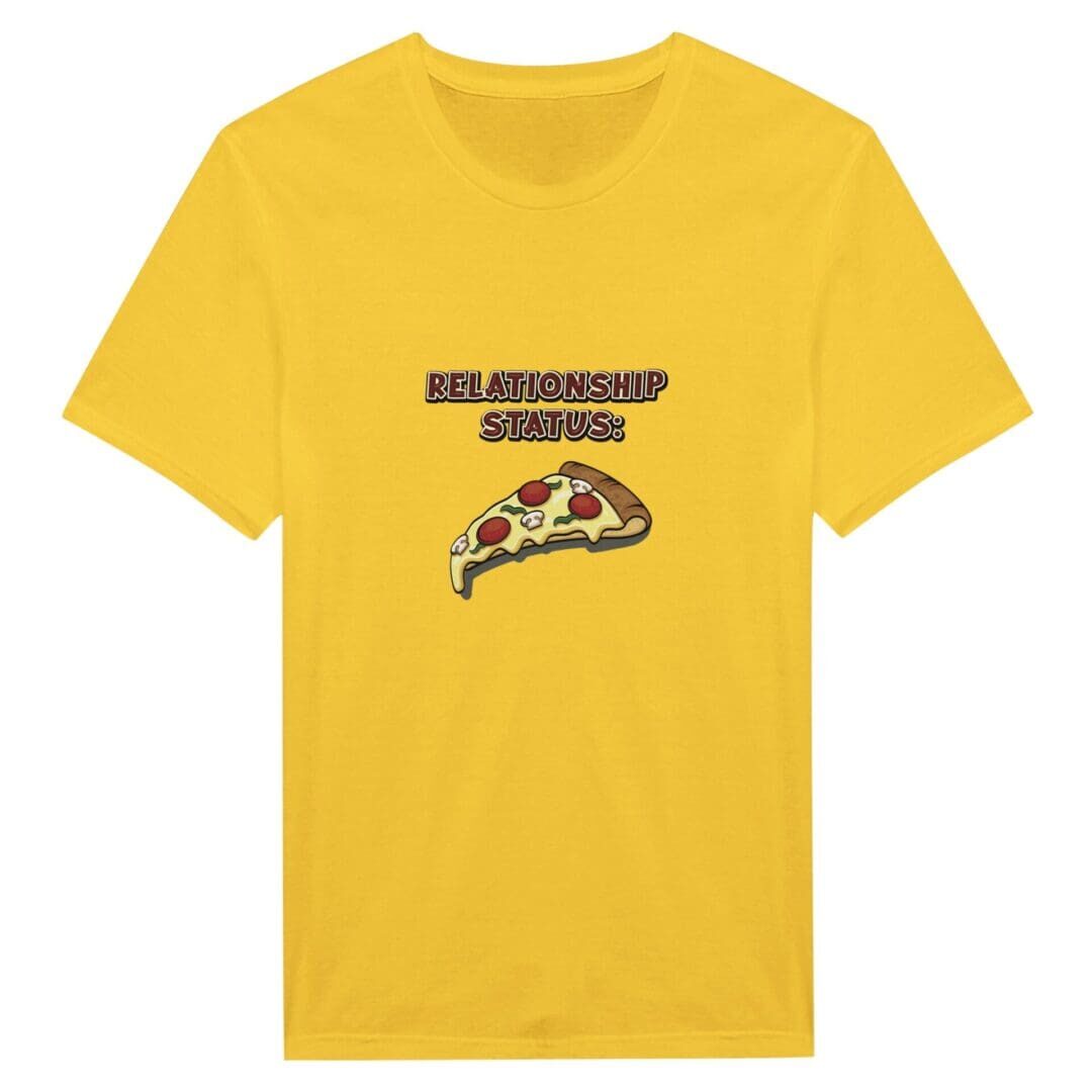 A yellow t-shirt with a picture of pizza on it.